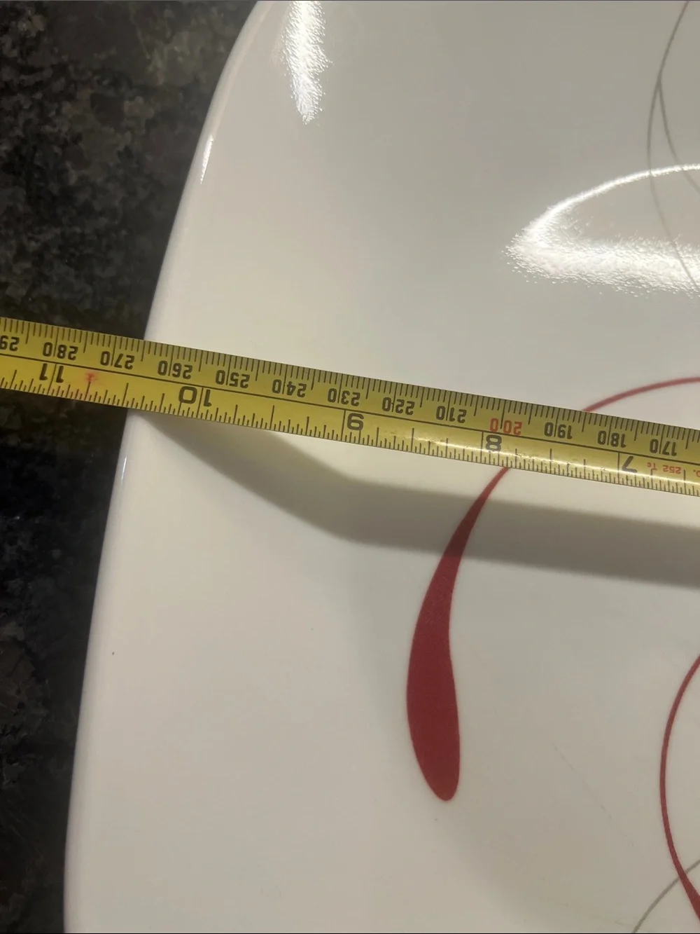 Corelle Splendor Square White Dinner Plates with Red & Gray Swirl Accent